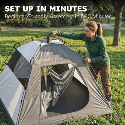2-Person Camping Tent, 3000 mm Waterproof & Windproof Dome with 2 Doors, 2 Mesh Windows, 2 Side Windows, Carry Bag & Lantern Hook – Camping/Trekking/Travel