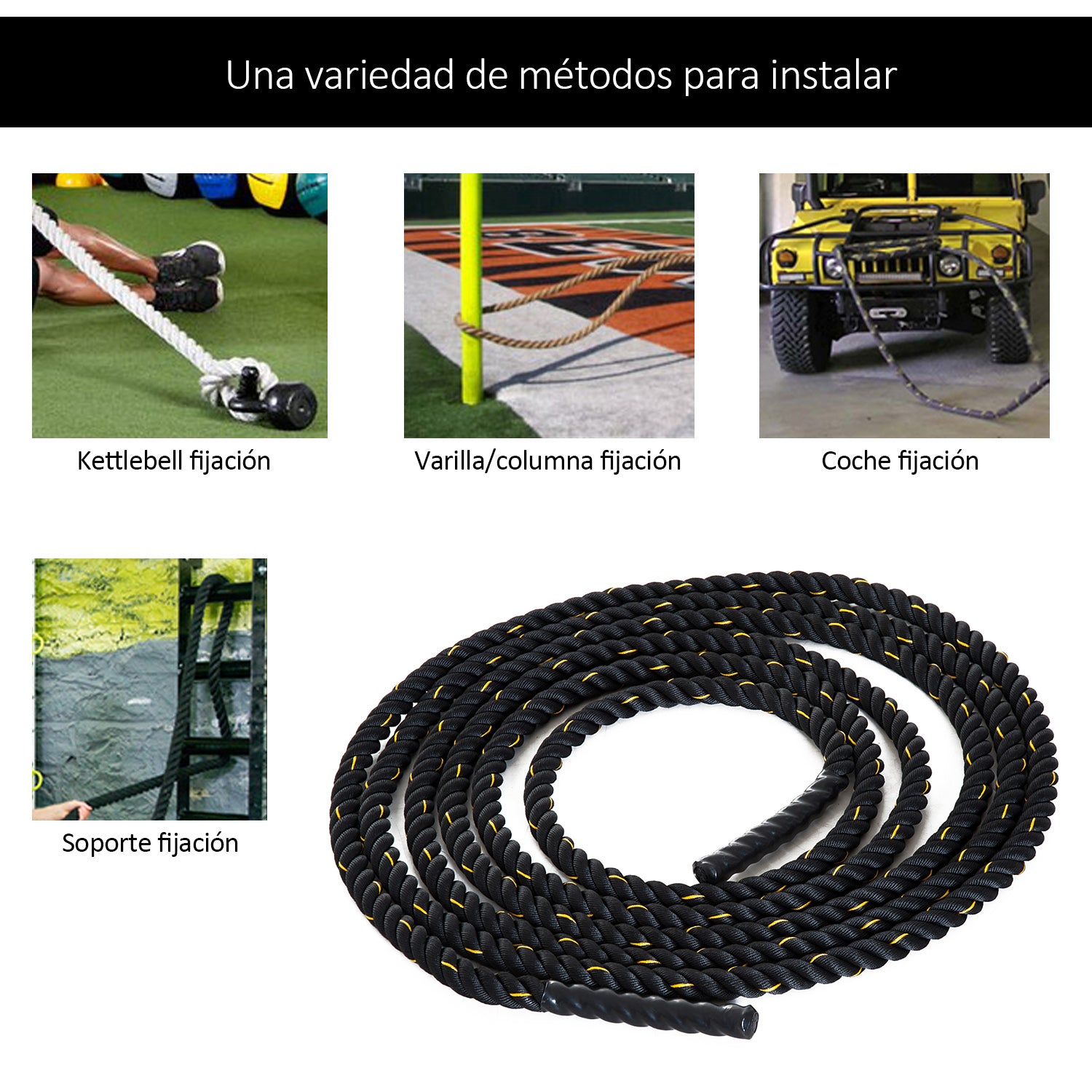 Battle Rope Ø38 mm 9m Length Battling Power Exercise Fitness Crossfit Polyester Ultra Resistant Black