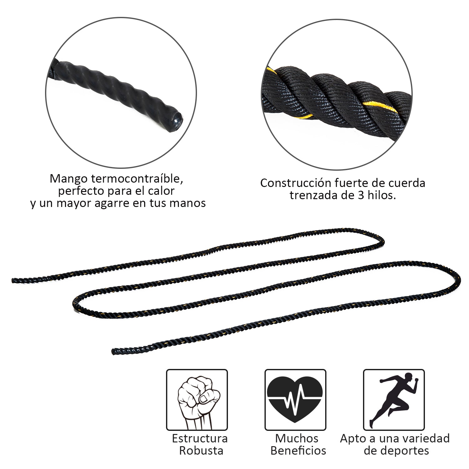 Battle Rope Ø38 mm 9m Length Battling Power Exercise Fitness Crossfit Polyester Ultra Resistant Black
