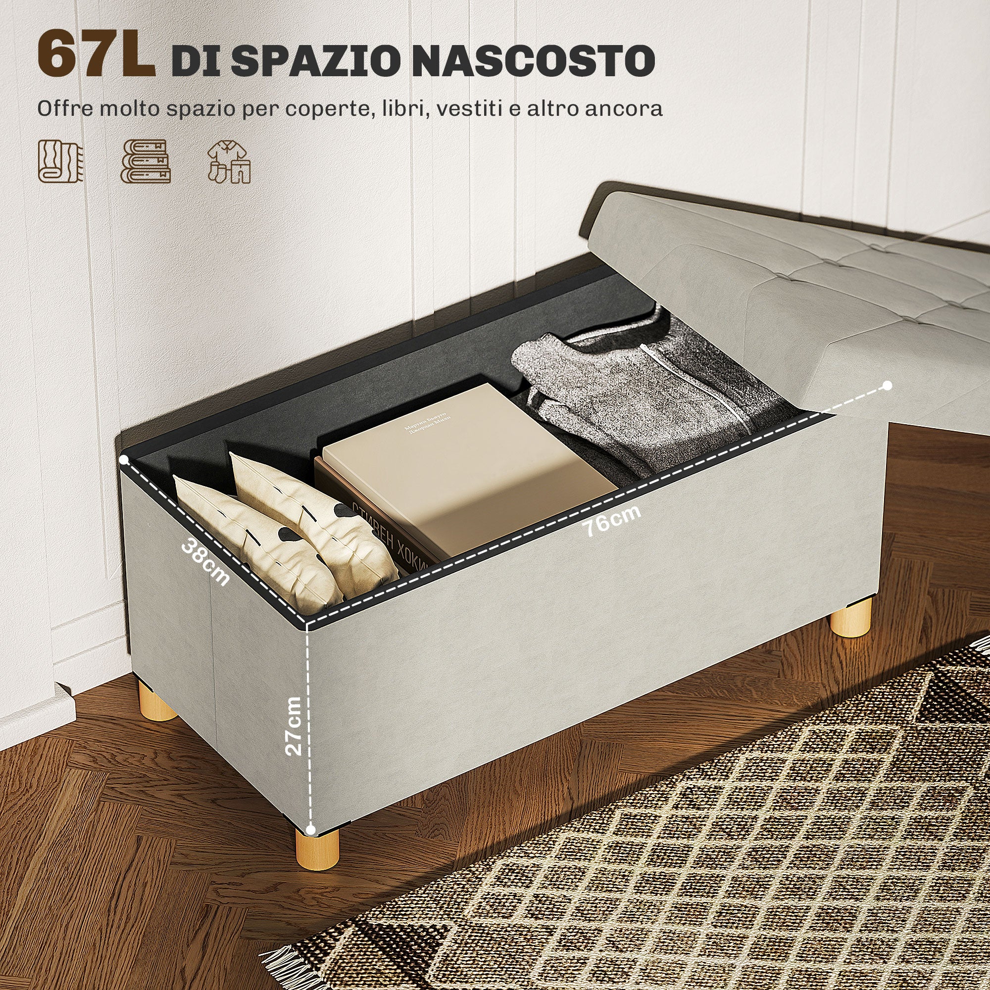 Folding Storage Ottoman Bench 67L, Bench with Padded Lid and Velvet Cover, 76x38x38cm, Cream White