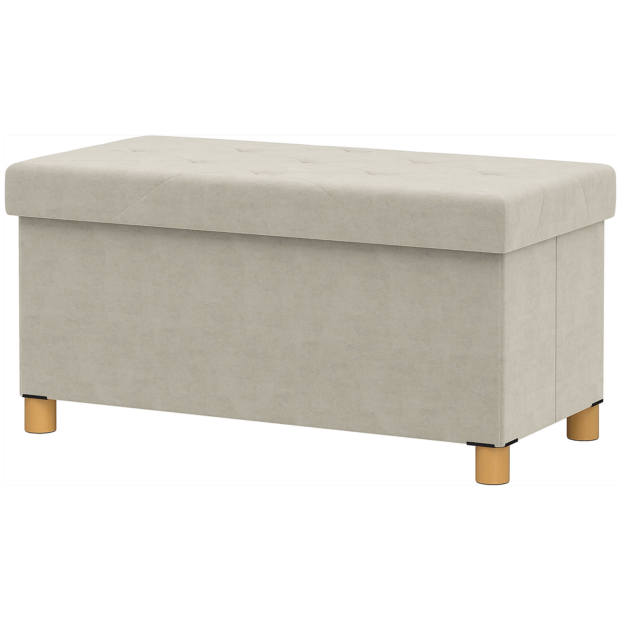 Folding Storage Ottoman Bench 67L, Bench with Padded Lid and Velvet Cover, 76x38x38cm, Cream White