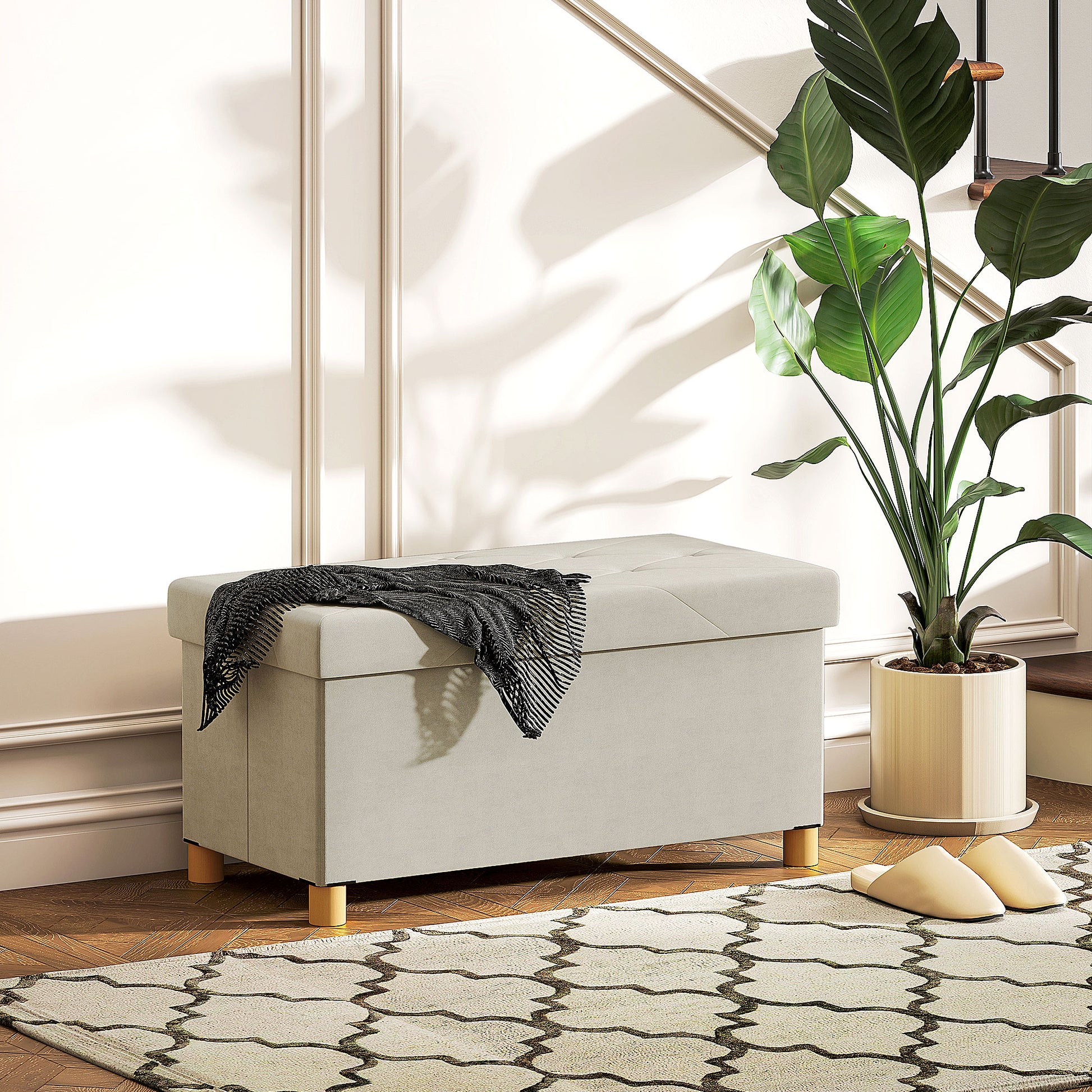 Folding Storage Ottoman Bench 67L, Bench with Padded Lid and Velvet Cover, 76x38x38cm, Cream White