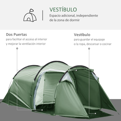 Family Tunnel Tent for 2-3 People Foldable Waterproof 2000+ mm UV Resistant 20+ Lightweight with Vestibule and 4 Seasons for Camping Hiking Festivals 426x206x154 cm Green