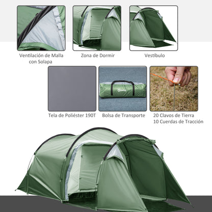 Family Tunnel Tent for 2-3 People Foldable Waterproof 2000+ mm UV Resistant 20+ Lightweight with Vestibule and 4 Seasons for Camping Hiking Festivals 426x206x154 cm Green