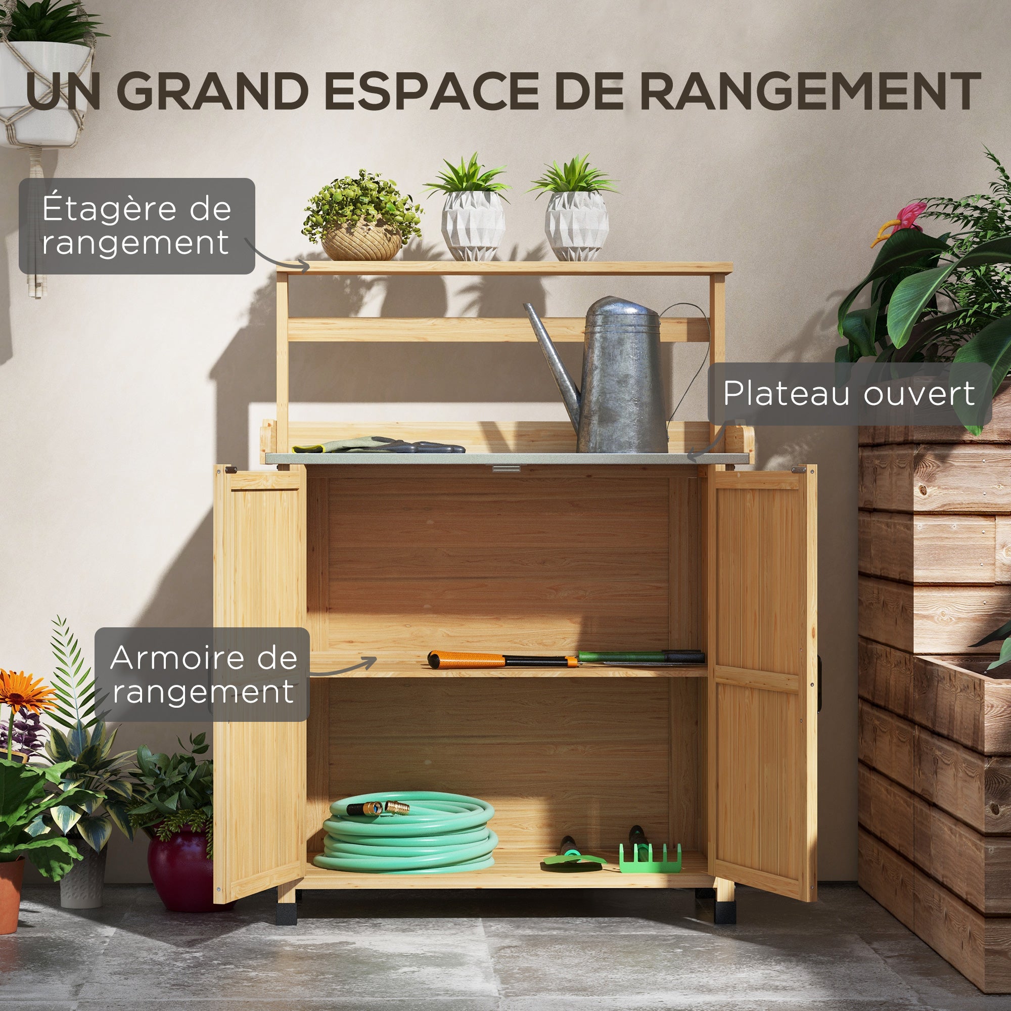 Rustic Style Potting Table Gardening Table with Cabinet and Shelves, Galvanized Worktop Non-Slip Rubber Pads Pre-Oiled Fir Wood, 90.5L x 41W x 124.5H cm Yellow