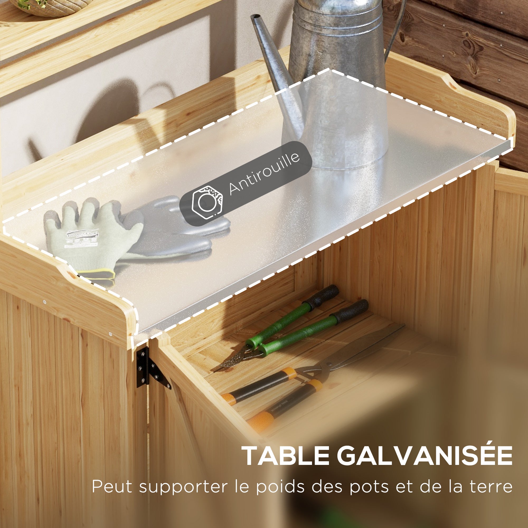Rustic Style Potting Table Gardening Table with Cabinet and Shelves, Galvanized Worktop Non-Slip Rubber Pads Pre-Oiled Fir Wood, 90.5L x 41W x 124.5H cm Yellow