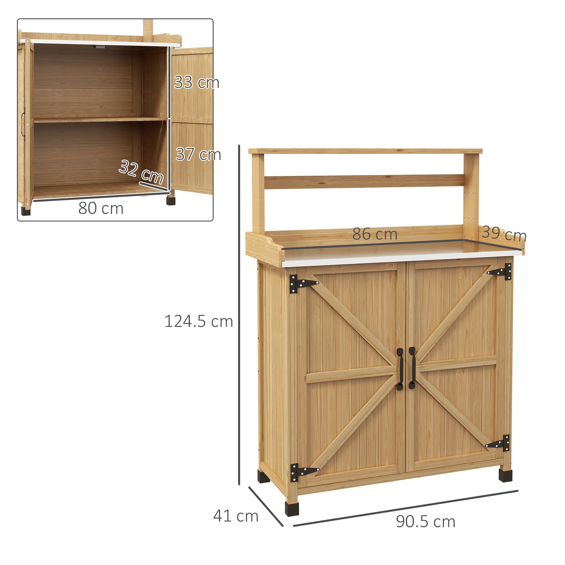 Rustic Style Potting Table Gardening Table with Cabinet and Shelves, Galvanized Worktop Non-Slip Rubber Pads Pre-Oiled Fir Wood, 90.5L x 41W x 124.5H cm Yellow