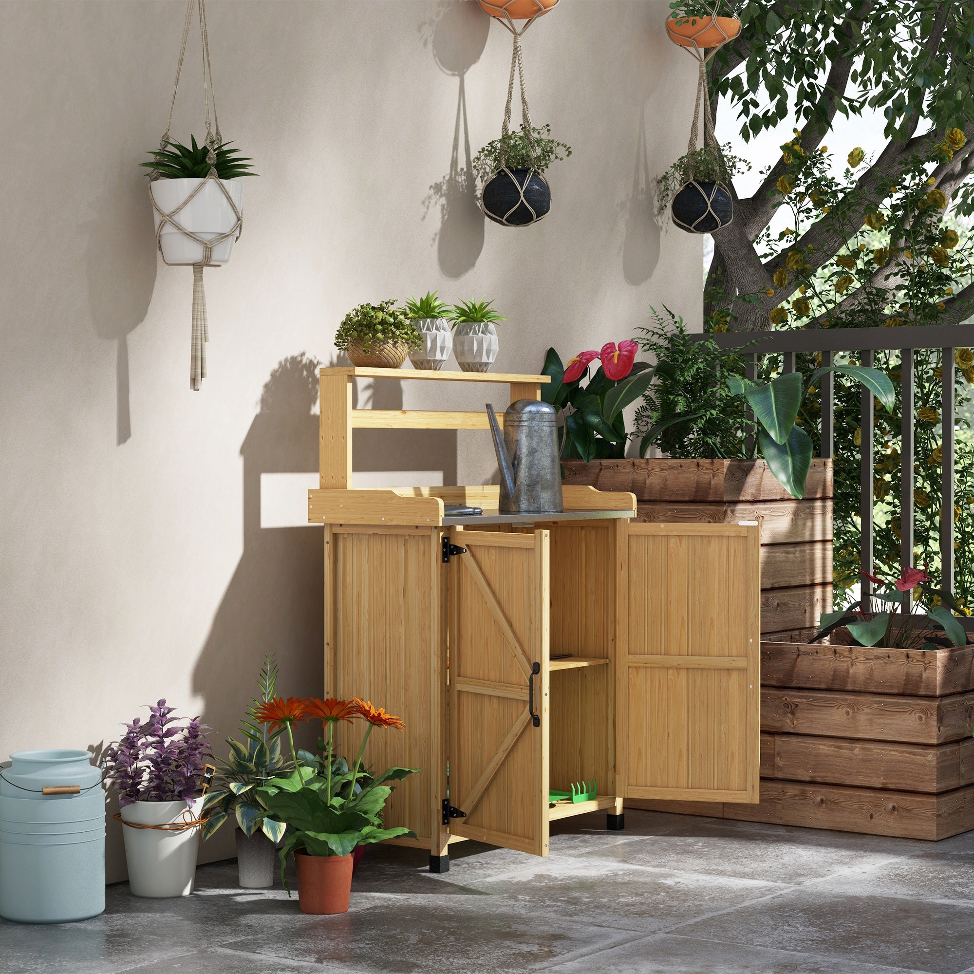 Rustic Style Potting Table Gardening Table with Cabinet and Shelves, Galvanized Worktop Non-Slip Rubber Pads Pre-Oiled Fir Wood, 90.5L x 41W x 124.5H cm Yellow