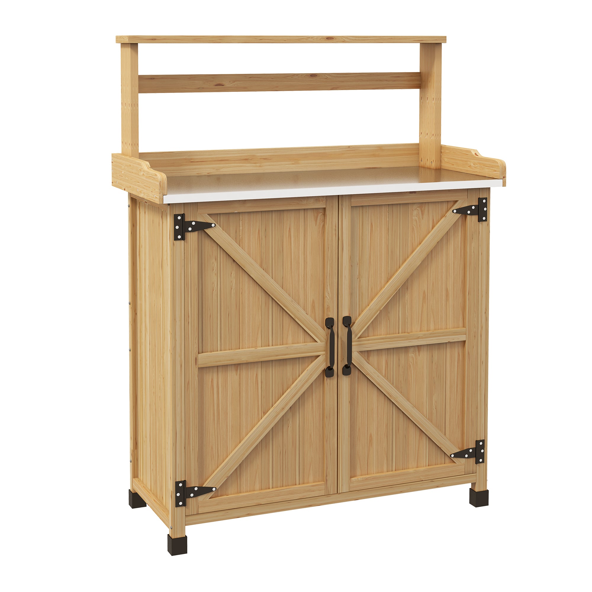 Rustic Style Potting Table Gardening Table with Cabinet and Shelves, Galvanized Worktop Non-Slip Rubber Pads Pre-Oiled Fir Wood, 90.5L x 41W x 124.5H cm Yellow