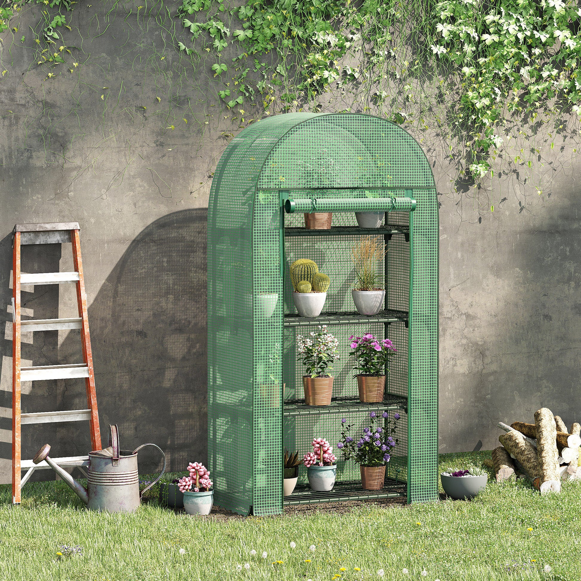 Balcony Mini Greenhouse with 4 Shelves, Mini Greenhouse, Greenhouse, Tomato House, Plant House, Cold Frame, Metal, Green, 80 x 49 x 160 cm