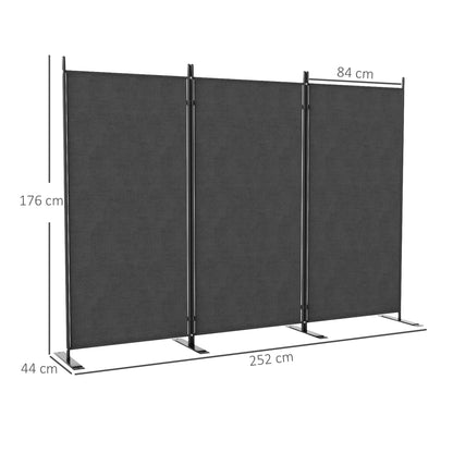 3-Panel Foldable and Adjustable Outdoor Windbreak with Wide Feet, Polyester and Metal Garden Divider, 252x44x176 cm, UV30+, Dark Grey