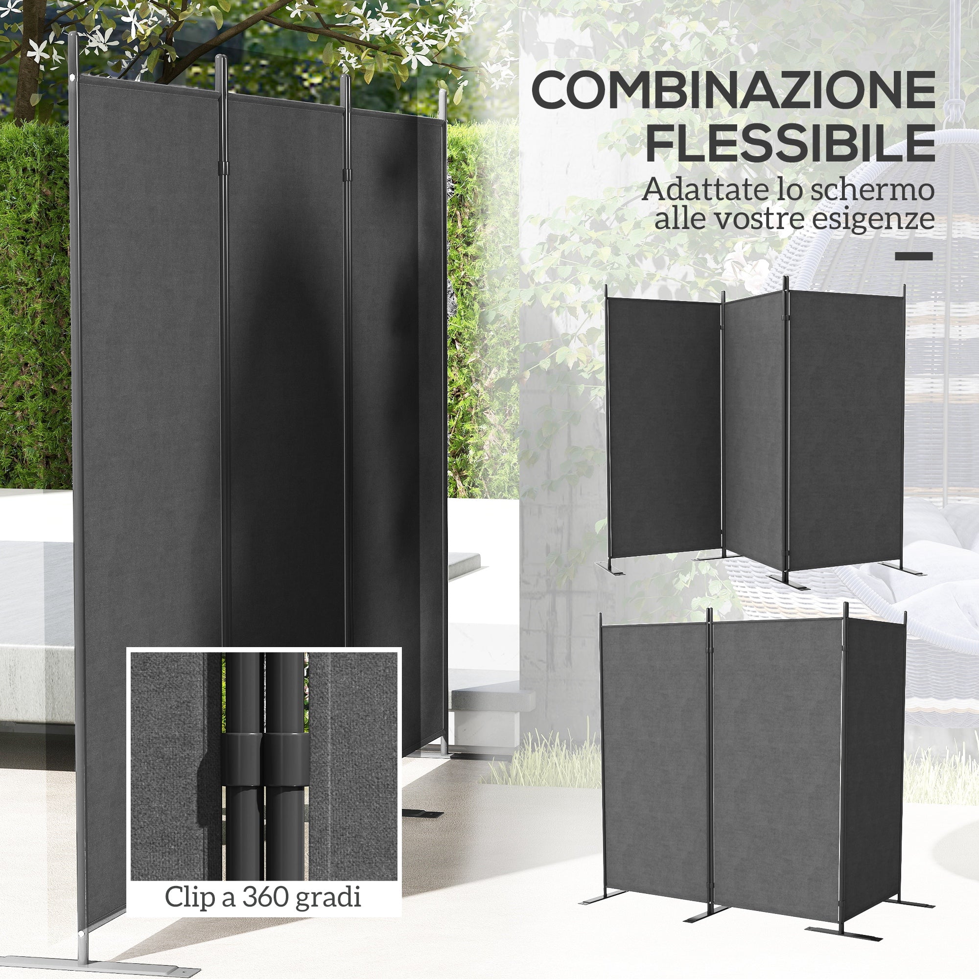 3-Panel Foldable and Adjustable Outdoor Windbreak with Wide Feet, Polyester and Metal Garden Divider, 252x44x176 cm, UV30+, Dark Grey