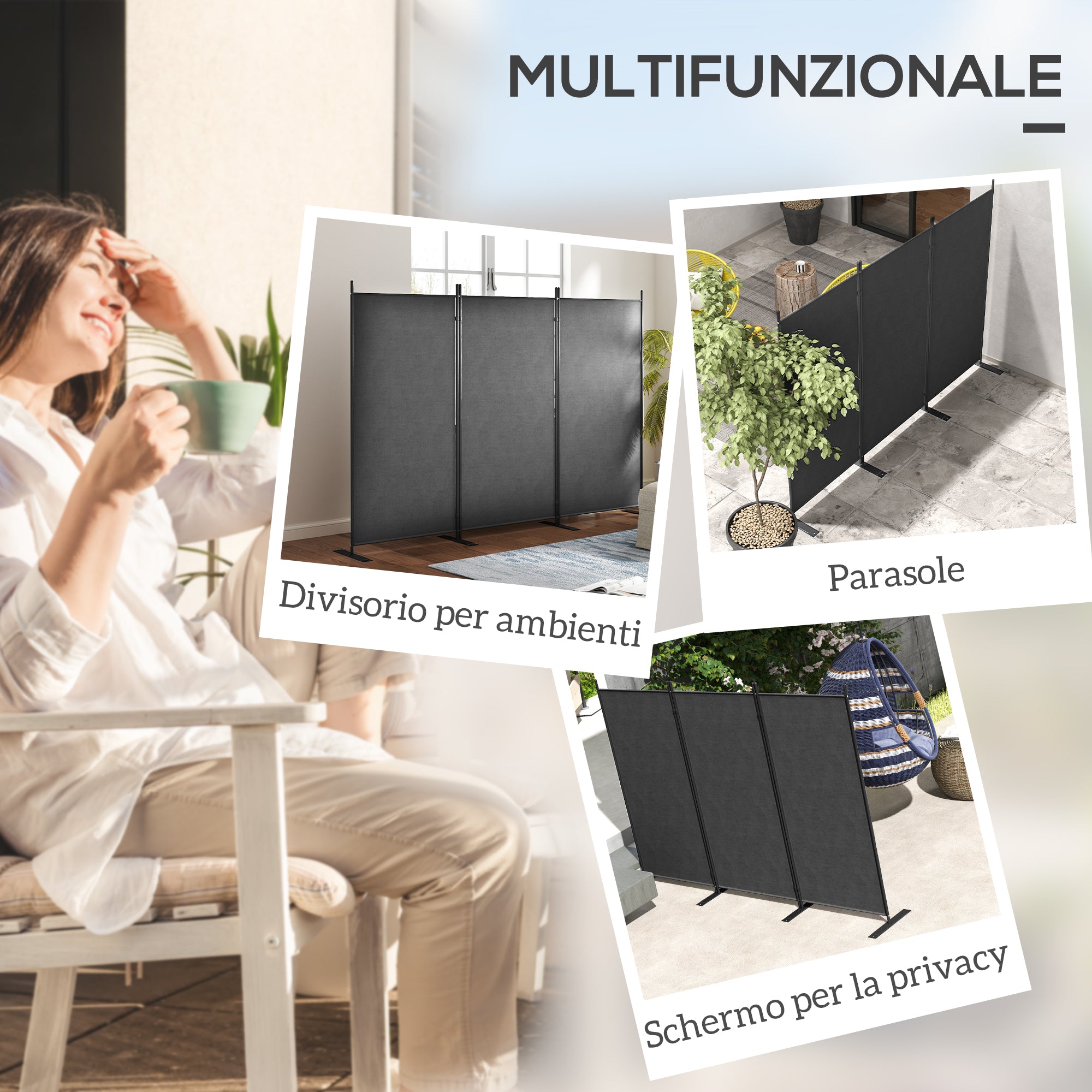 3-Panel Foldable and Adjustable Outdoor Windbreak with Wide Feet, Polyester and Metal Garden Divider, 252x44x176 cm, UV30+, Dark Grey