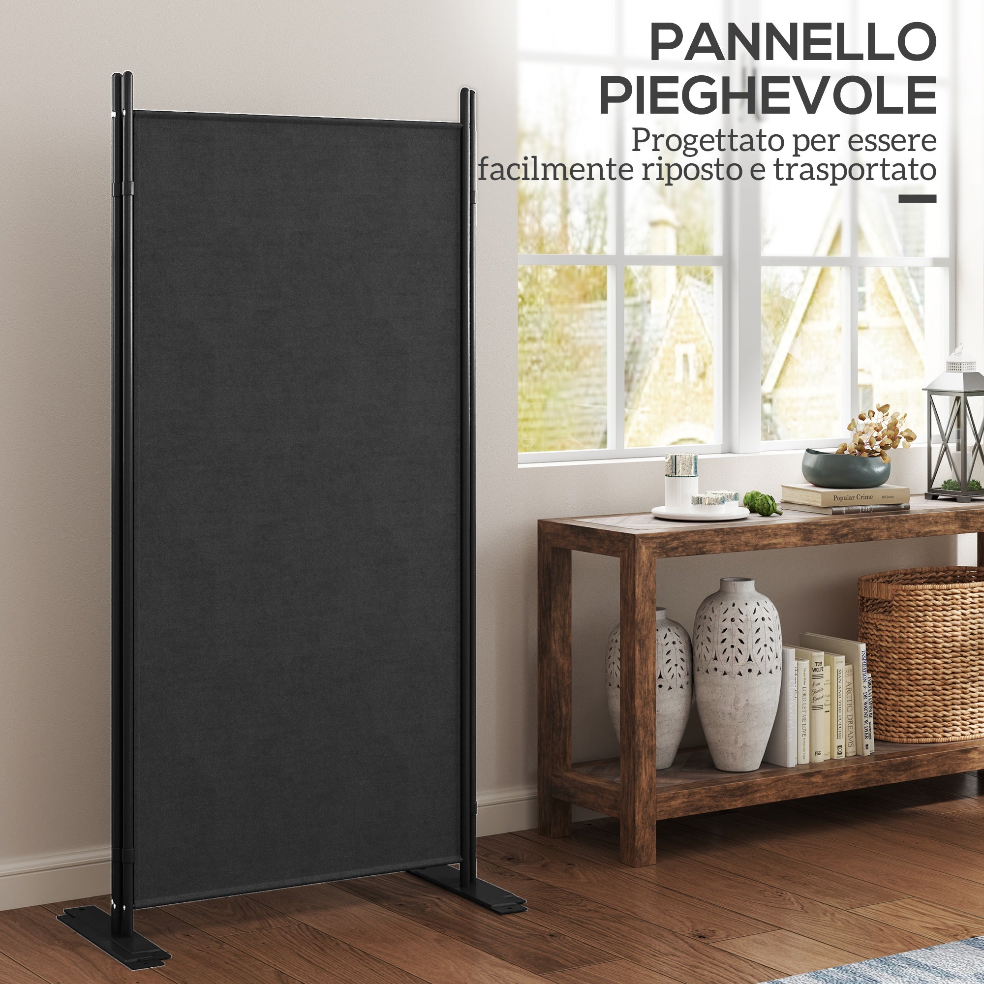 3-Panel Foldable and Adjustable Outdoor Windbreak with Wide Feet, Polyester and Metal Garden Divider, 252x44x176 cm, UV30+, Dark Grey