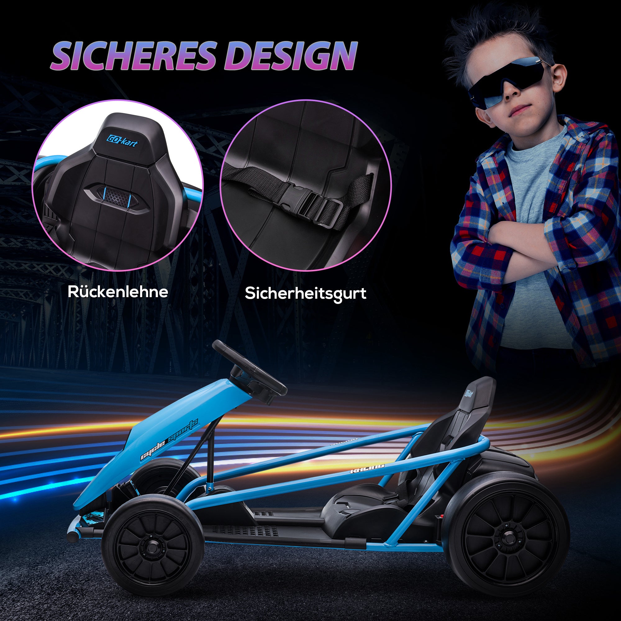 Kids Electric Go-Kart 12V 6-13km/h Drift Kart with Slow Start, Music, Horn, and Seat Belt, Children's Vehicle for 8-12 Years, Blue