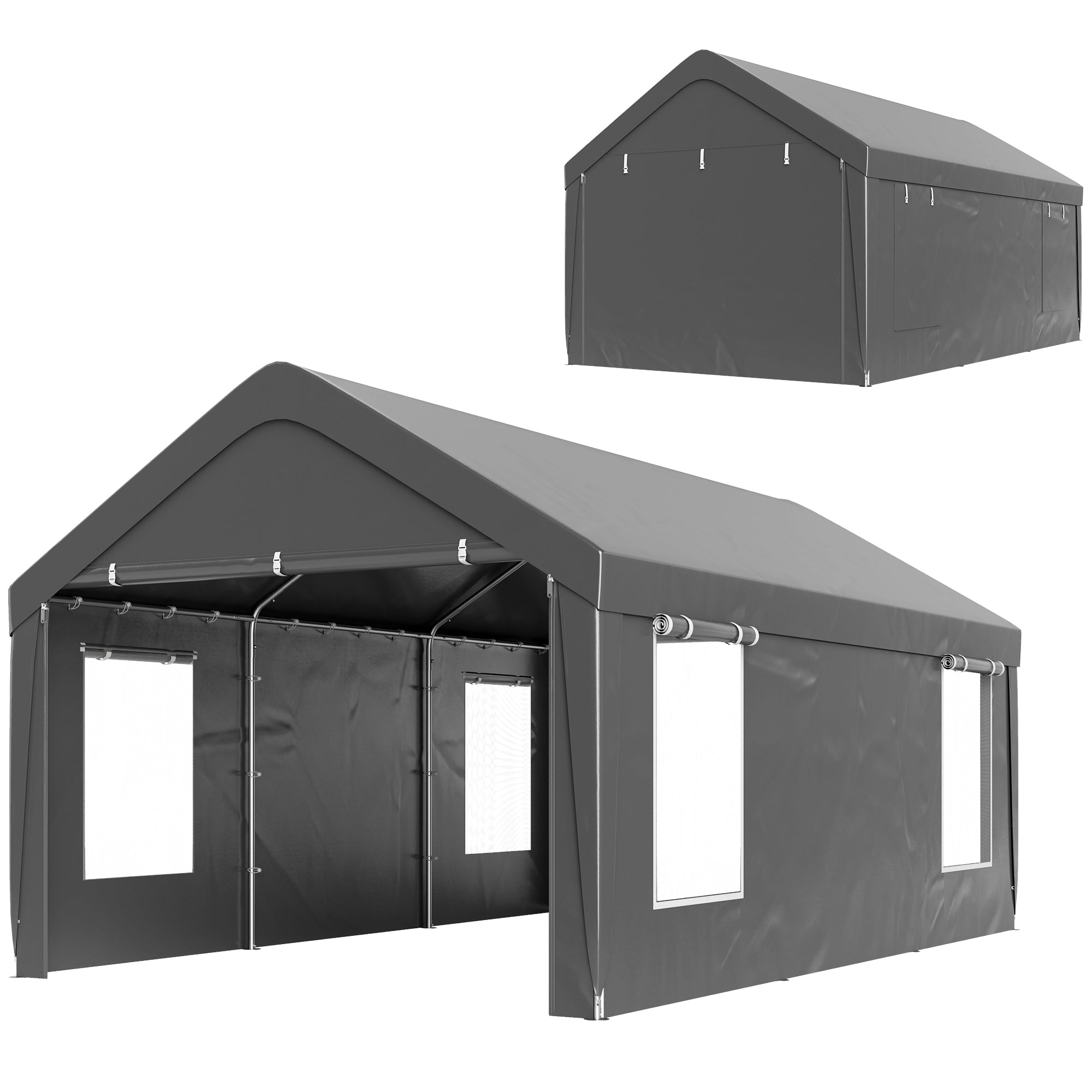 Carport Garage Tent 3 x 6 m Outdoor Vehicle Storage Tent with Removable Side Walls, 2 Roll-up Doors, and 4 Windows, Carport for Car, Truck, Boat, Dark Grey