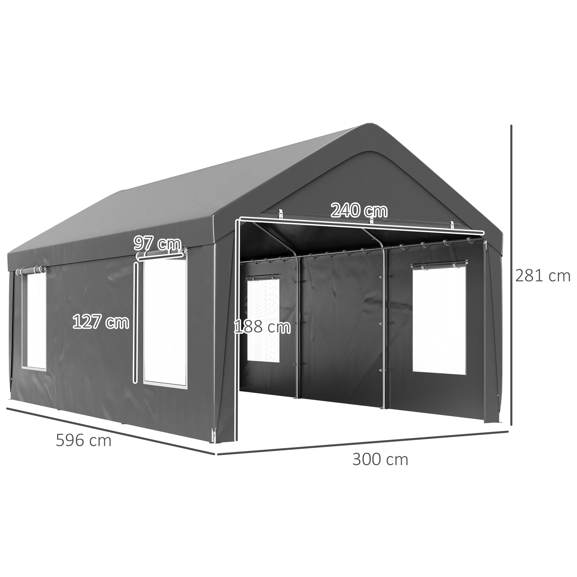 Carport Garage Tent 3 x 6 m Outdoor Vehicle Storage Tent with Removable Side Walls, 2 Roll-up Doors, and 4 Windows, Carport for Car, Truck, Boat, Dark Grey