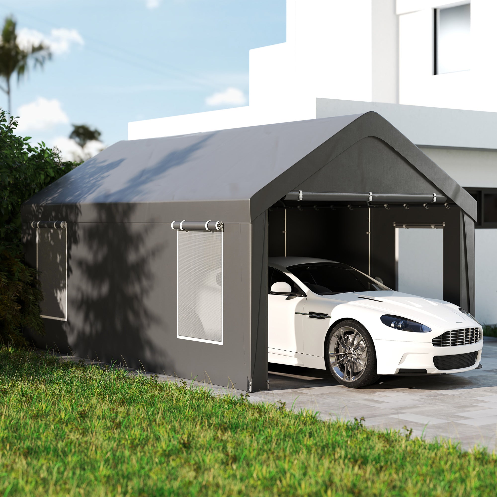 Carport Garage Tent 3 x 6 m Outdoor Vehicle Storage Tent with Removable Side Walls, 2 Roll-up Doors, and 4 Windows, Carport for Car, Truck, Boat, Dark Grey