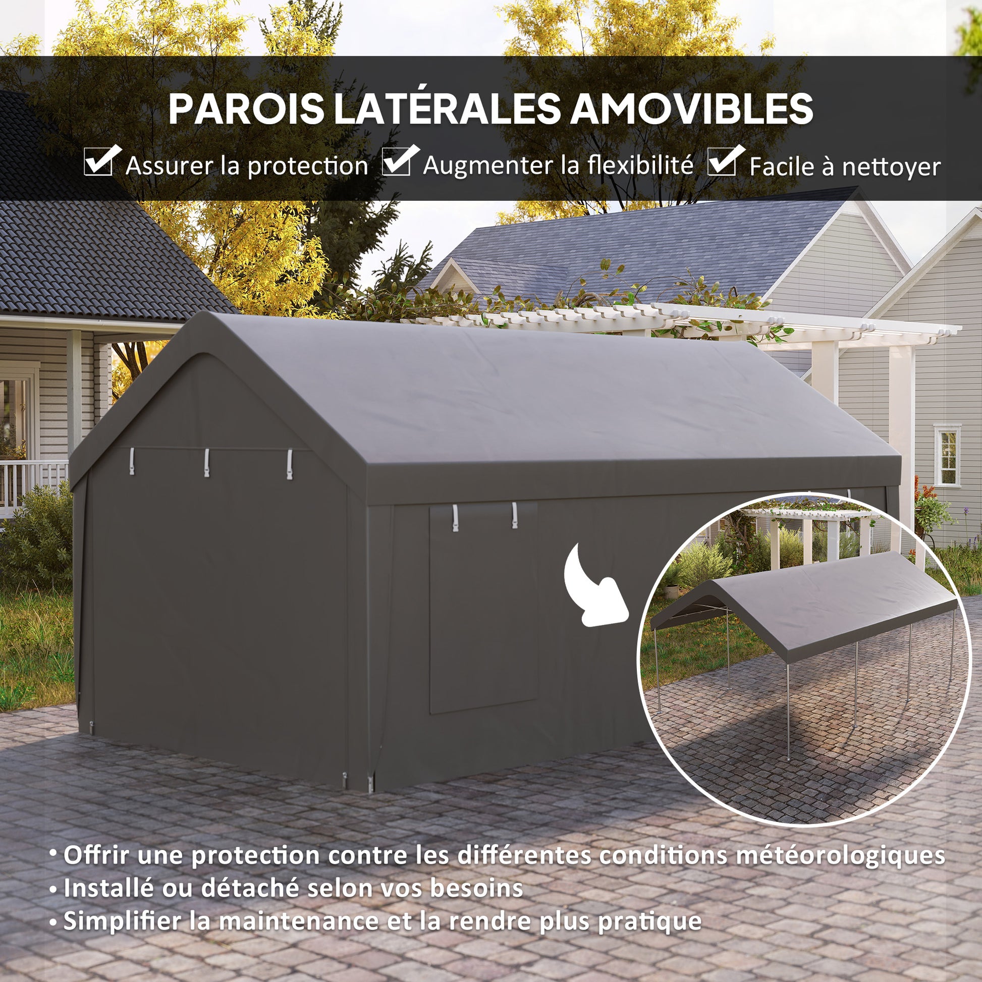 Carport Garage Tent 3 x 6 m Outdoor Vehicle Storage Tent with Removable Side Walls, 2 Roll-up Doors, and 4 Windows, Carport for Car, Truck, Boat, Dark Grey