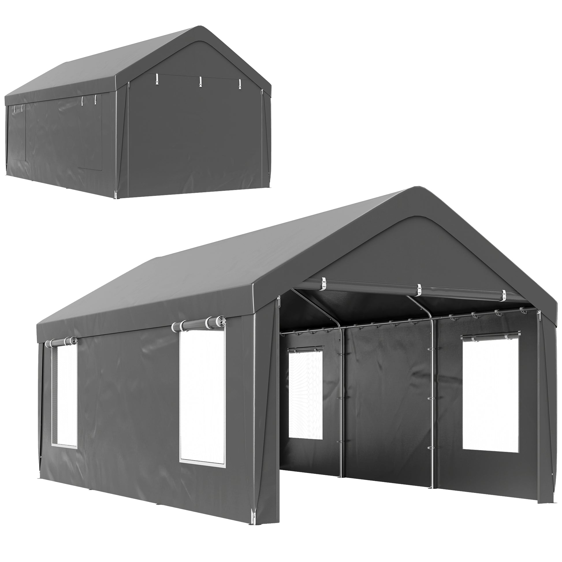 Carport Garage Tent 3 x 6 m Outdoor Vehicle Storage Tent with Removable Side Walls, 2 Roll-up Doors, and 4 Windows, Carport for Car, Truck, Boat, Dark Grey