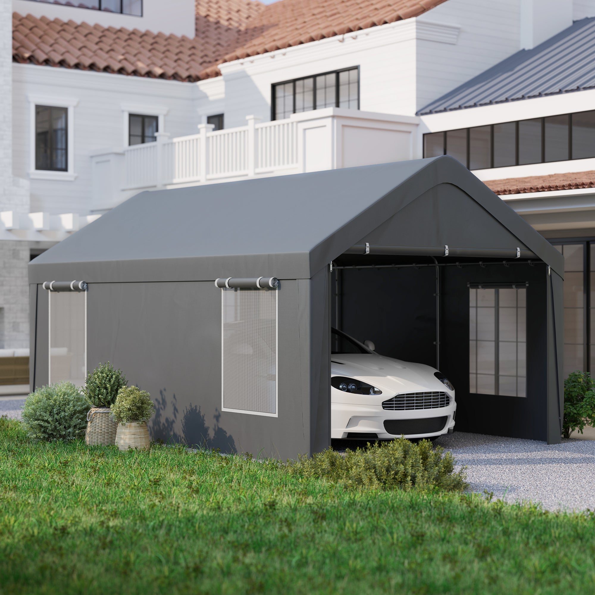 Carport Garage Tent 3 x 6 m Outdoor Vehicle Storage Tent with Removable Side Walls, 2 Roll-up Doors, and 4 Windows, Carport for Car, Truck, Boat, Dark Grey