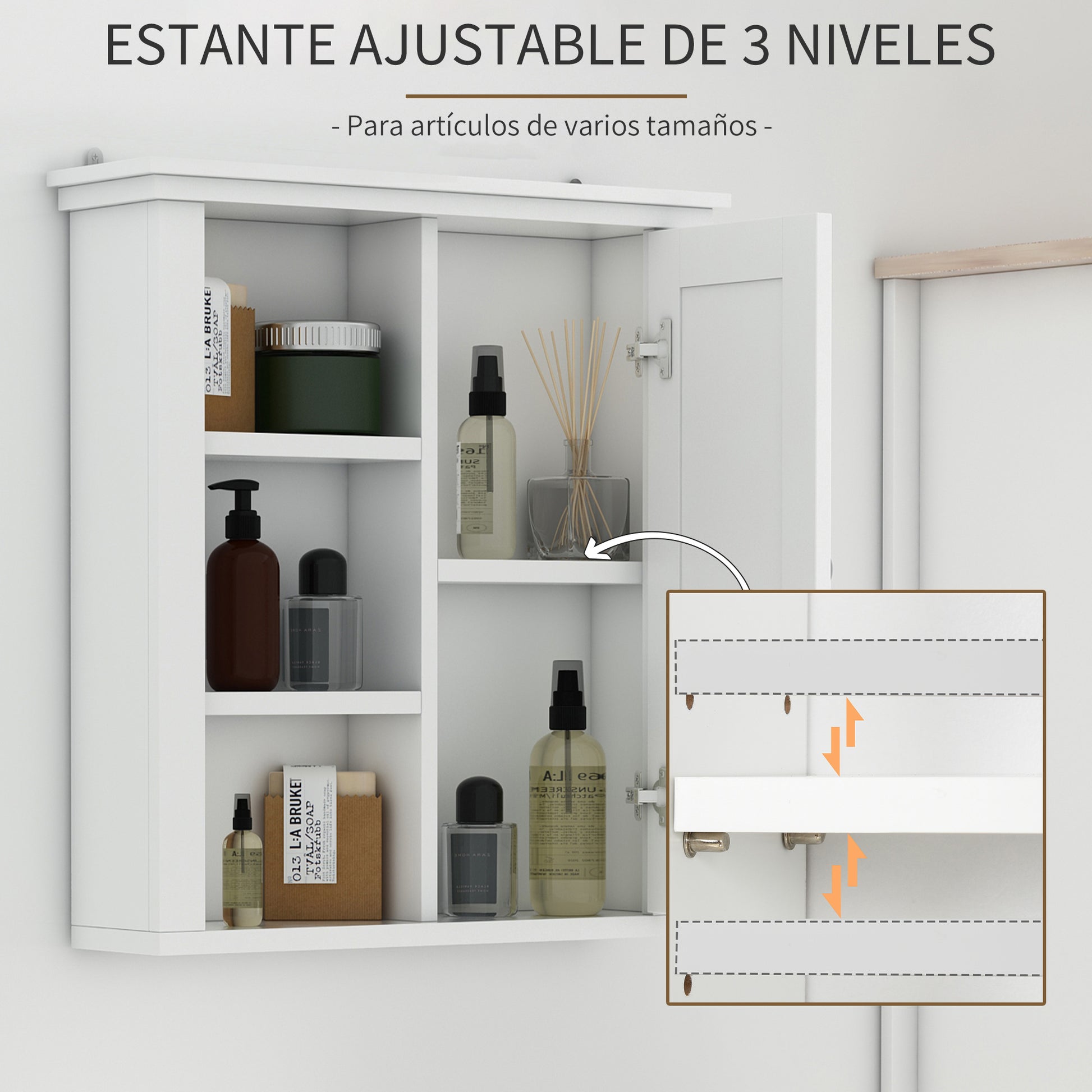 Bathroom Wall Cabinet Multifunctional Space-Saving Cabinet with 3 Open Levels 1 Door Adjustable Shelf Anti-tip 53x14.5x50.5 cm White