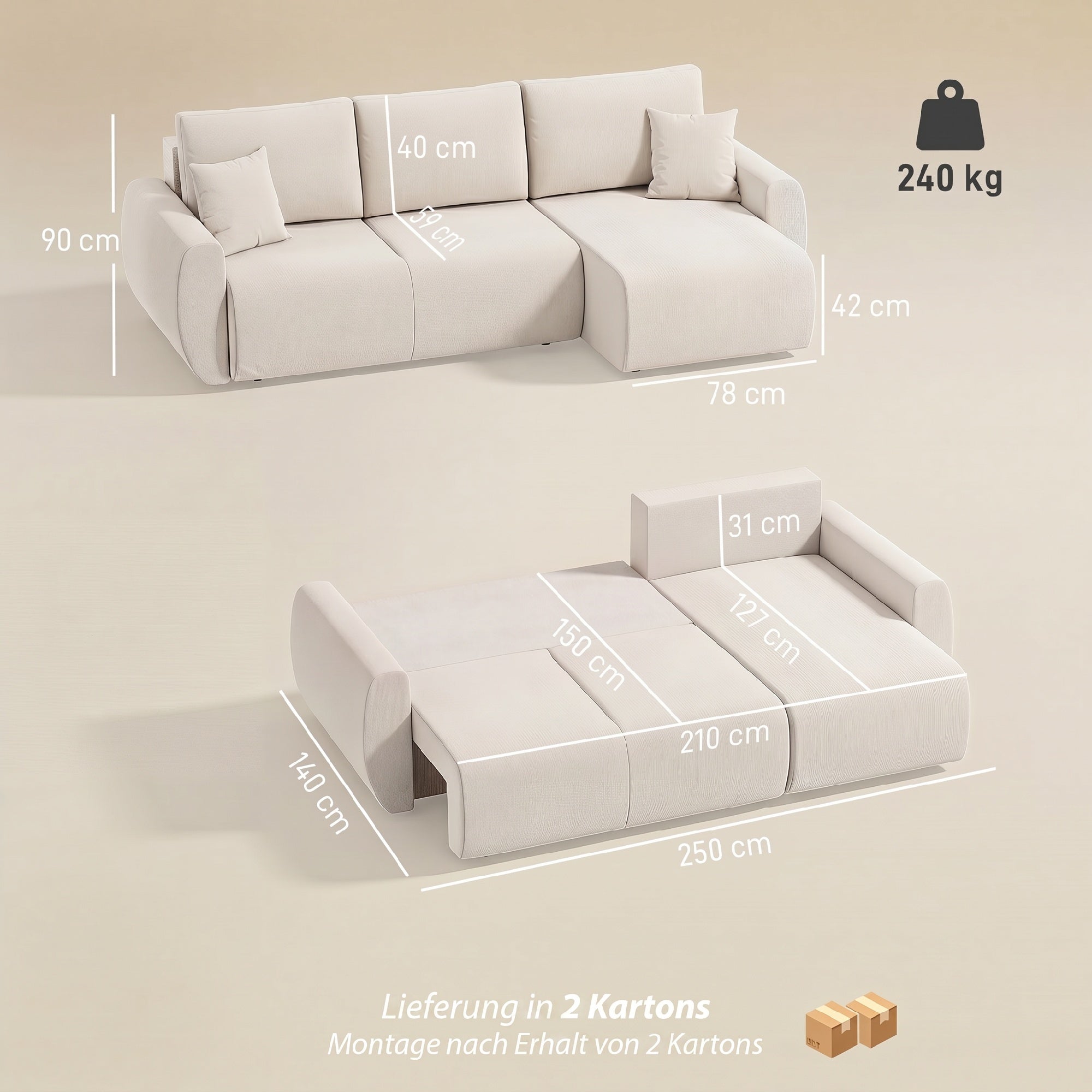 L-Shaped 3-Seater Sofa Bed with Reversible Chaise, Faux Suede, Storage, Cream
