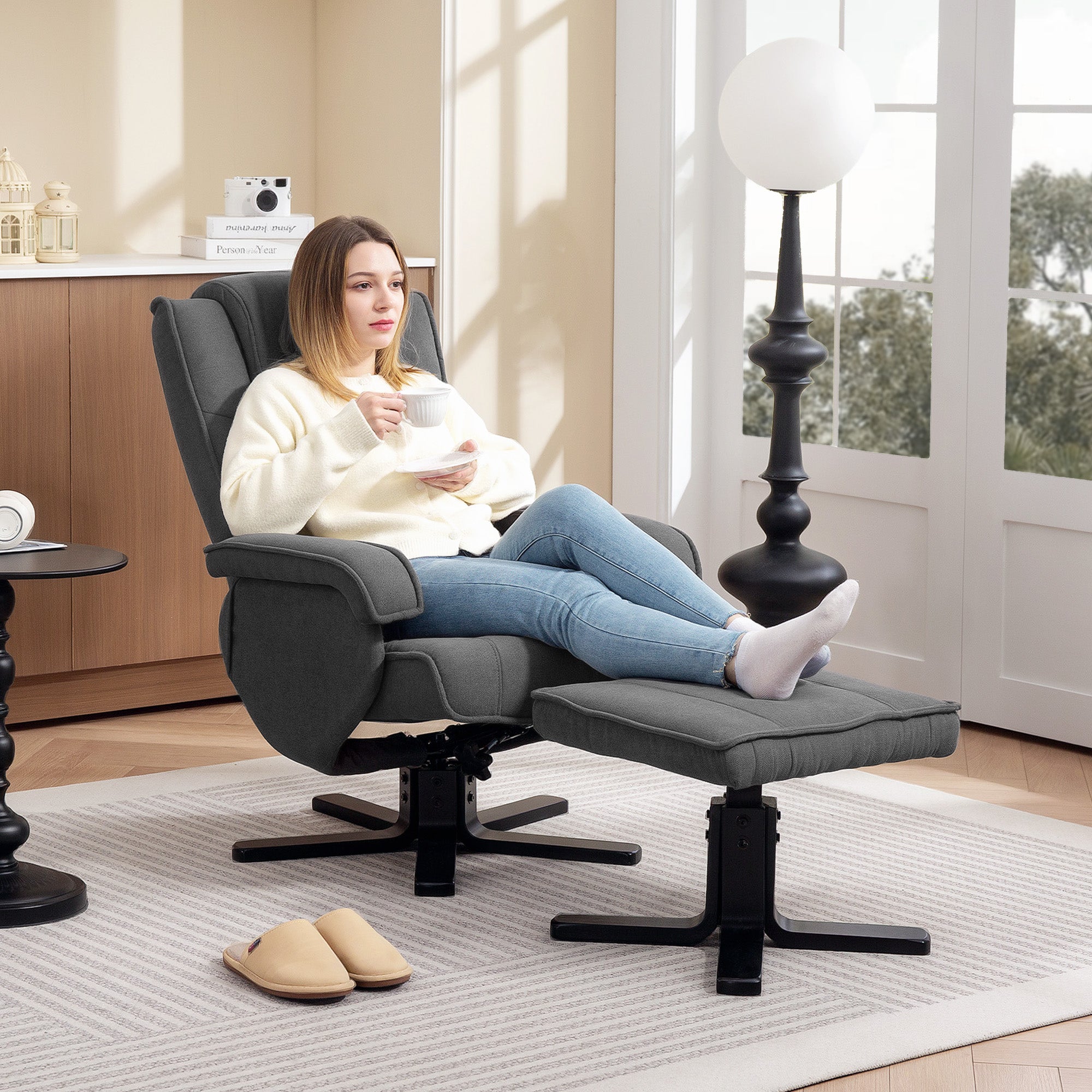 Recliner Chair with Footstool, 360° Swivel TV Chair with Adjustable Backrest, Reclining Function, Rocking Feature, Velvet-Look Upholstery, Headrest for Living Room, Dark Gray