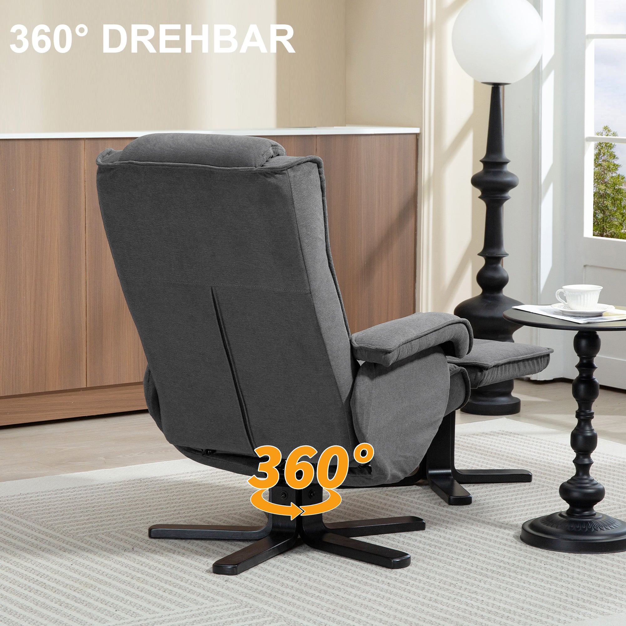 Recliner Chair with Footstool, 360° Swivel TV Chair with Adjustable Backrest, Reclining Function, Rocking Feature, Velvet-Look Upholstery, Headrest for Living Room, Dark Gray