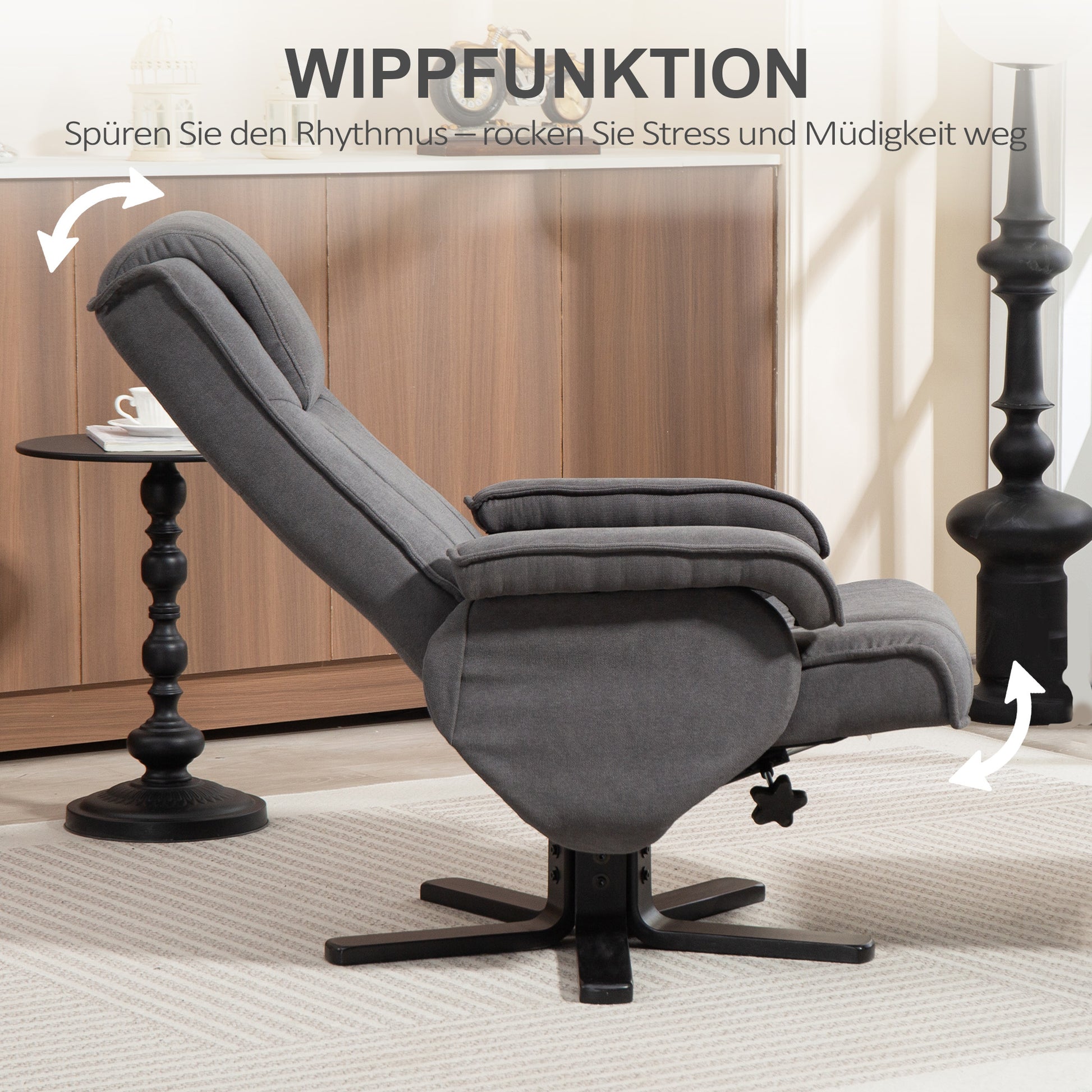 Recliner Chair with Footstool, 360° Swivel TV Chair with Adjustable Backrest, Reclining Function, Rocking Feature, Velvet-Look Upholstery, Headrest for Living Room, Dark Gray