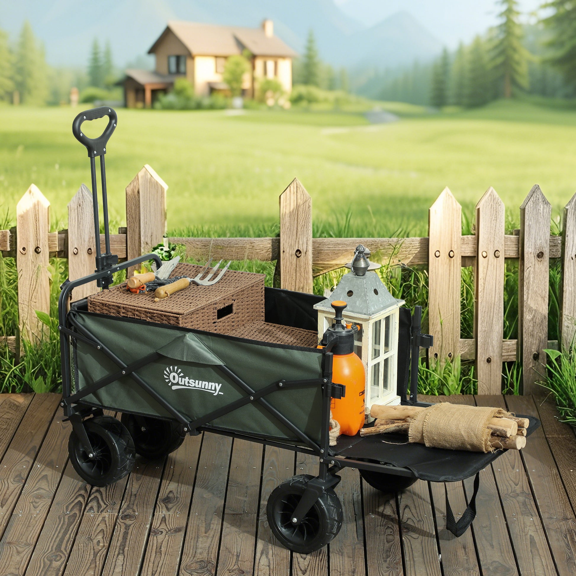 Garden Wagon 120 kg Load Capacity, Foldable Transport Wagon with Removable Tarp, Handle, Wheels, Steering Axle, Cart Wagon Handcart Garden Cart 95 Liter Equipment Wagon for Home Garden, Green