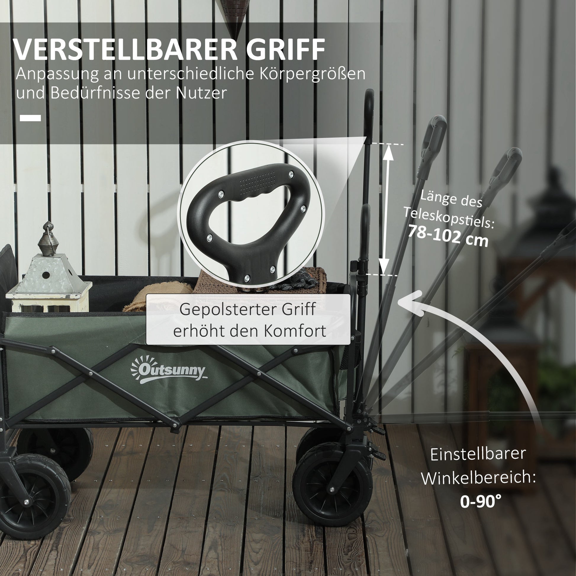 Garden Wagon 120 kg Load Capacity, Foldable Transport Wagon with Removable Tarp, Handle, Wheels, Steering Axle, Cart Wagon Handcart Garden Cart 95 Liter Equipment Wagon for Home Garden, Green