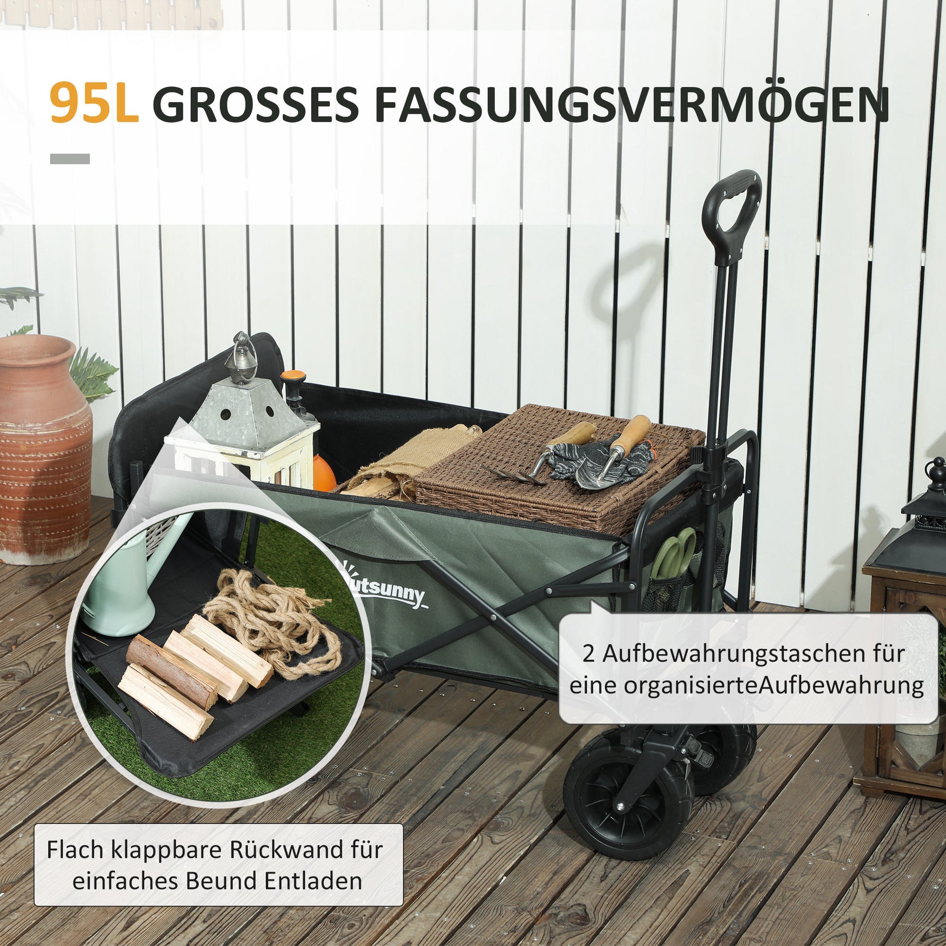 Garden Wagon 120 kg Load Capacity, Foldable Transport Wagon with Removable Tarp, Handle, Wheels, Steering Axle, Cart Wagon Handcart Garden Cart 95 Liter Equipment Wagon for Home Garden, Green