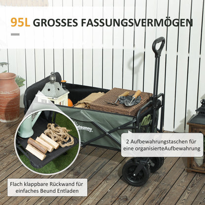 Garden Wagon 120 kg Load Capacity, Foldable Transport Wagon with Removable Tarp, Handle, Wheels, Steering Axle, Cart Wagon Handcart Garden Cart 95 Liter Equipment Wagon for Home Garden, Green