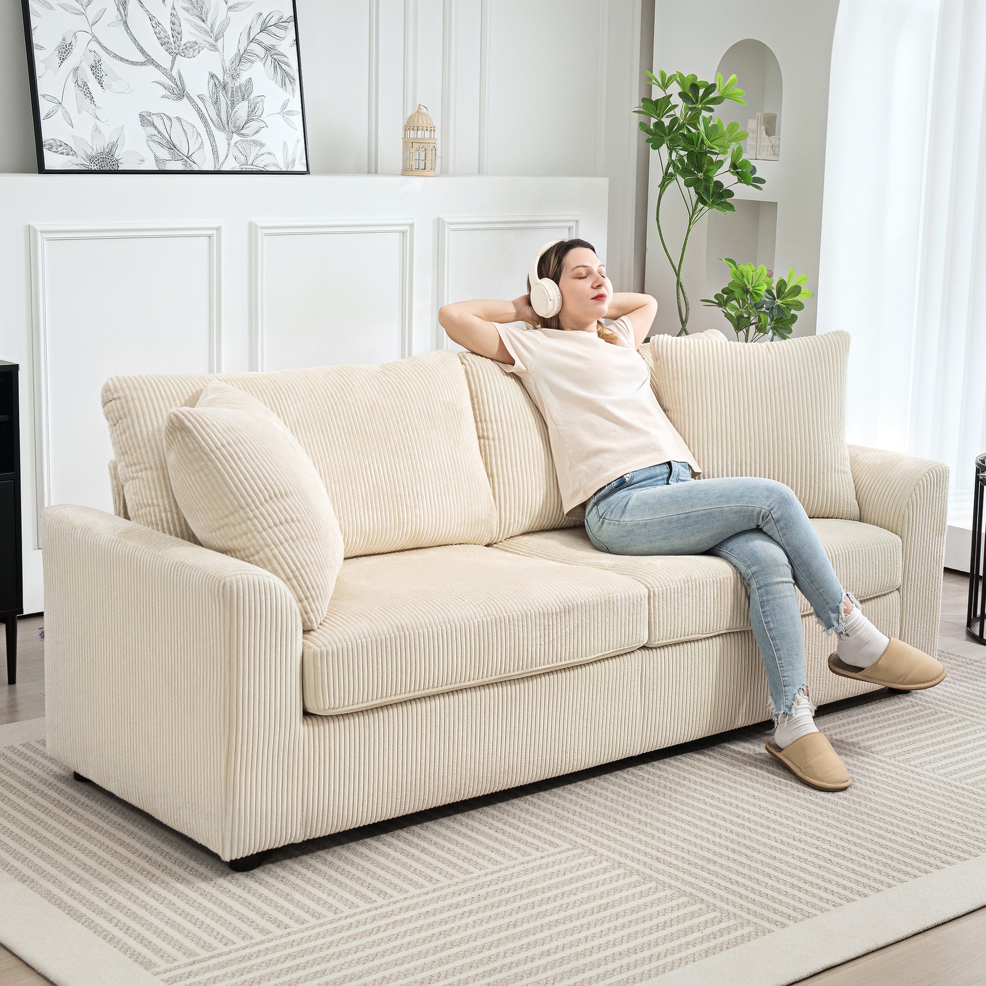 3-Seater Sofa, Couch with Armrests, Throw Pillows, Upholstered Sofa with Corduroy Cover, Thickly Padded, Lounge Sofa, Supports up to 450 kg, for Living Room, Bedroom, 212 x 80 x 88 cm, Cream White