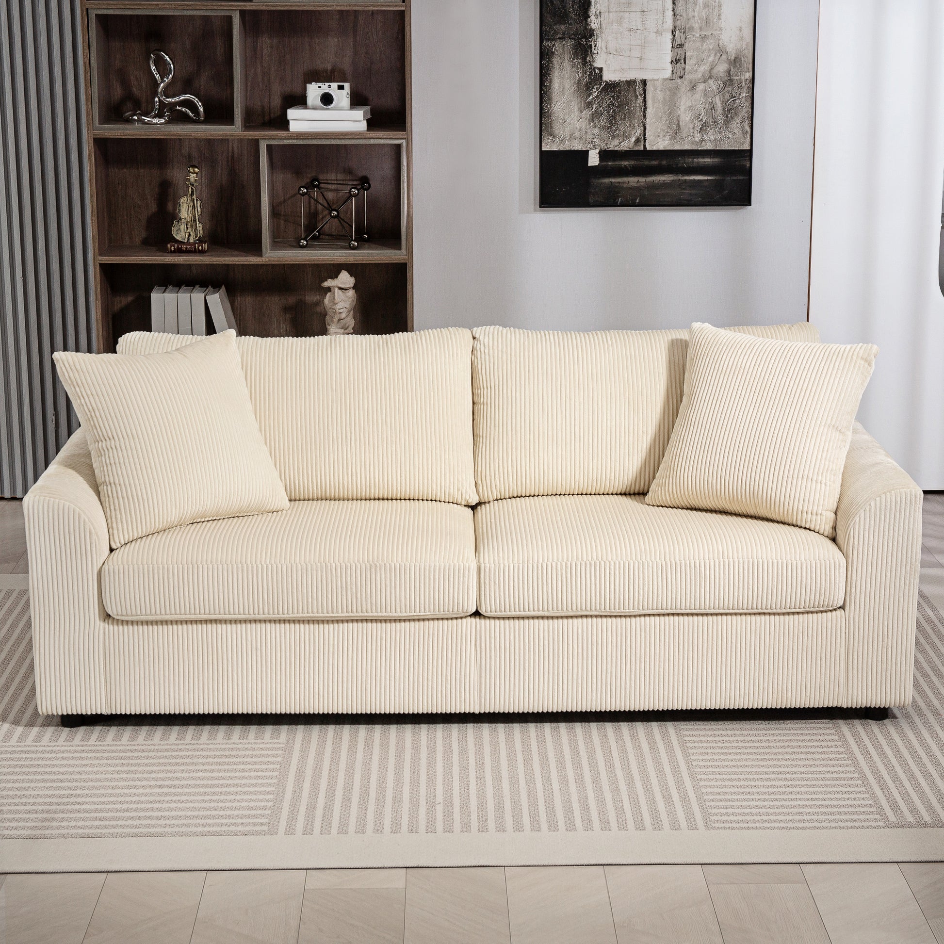 3-Seater Sofa, Couch with Armrests, Throw Pillows, Upholstered Sofa with Corduroy Cover, Thickly Padded, Lounge Sofa, Supports up to 450 kg, for Living Room, Bedroom, 212 x 80 x 88 cm, Cream White