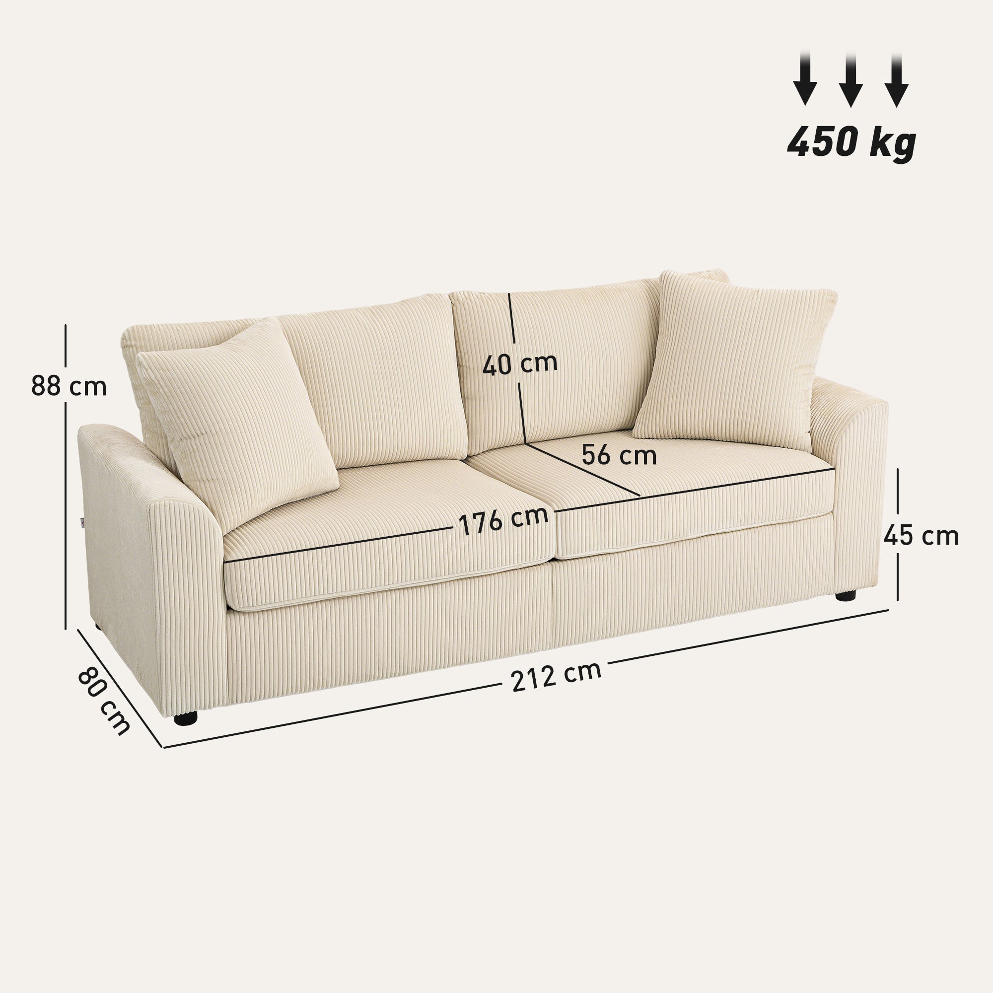 3-Seater Sofa, Couch with Armrests, Throw Pillows, Upholstered Sofa with Corduroy Cover, Thickly Padded, Lounge Sofa, Supports up to 450 kg, for Living Room, Bedroom, 212 x 80 x 88 cm, Cream White