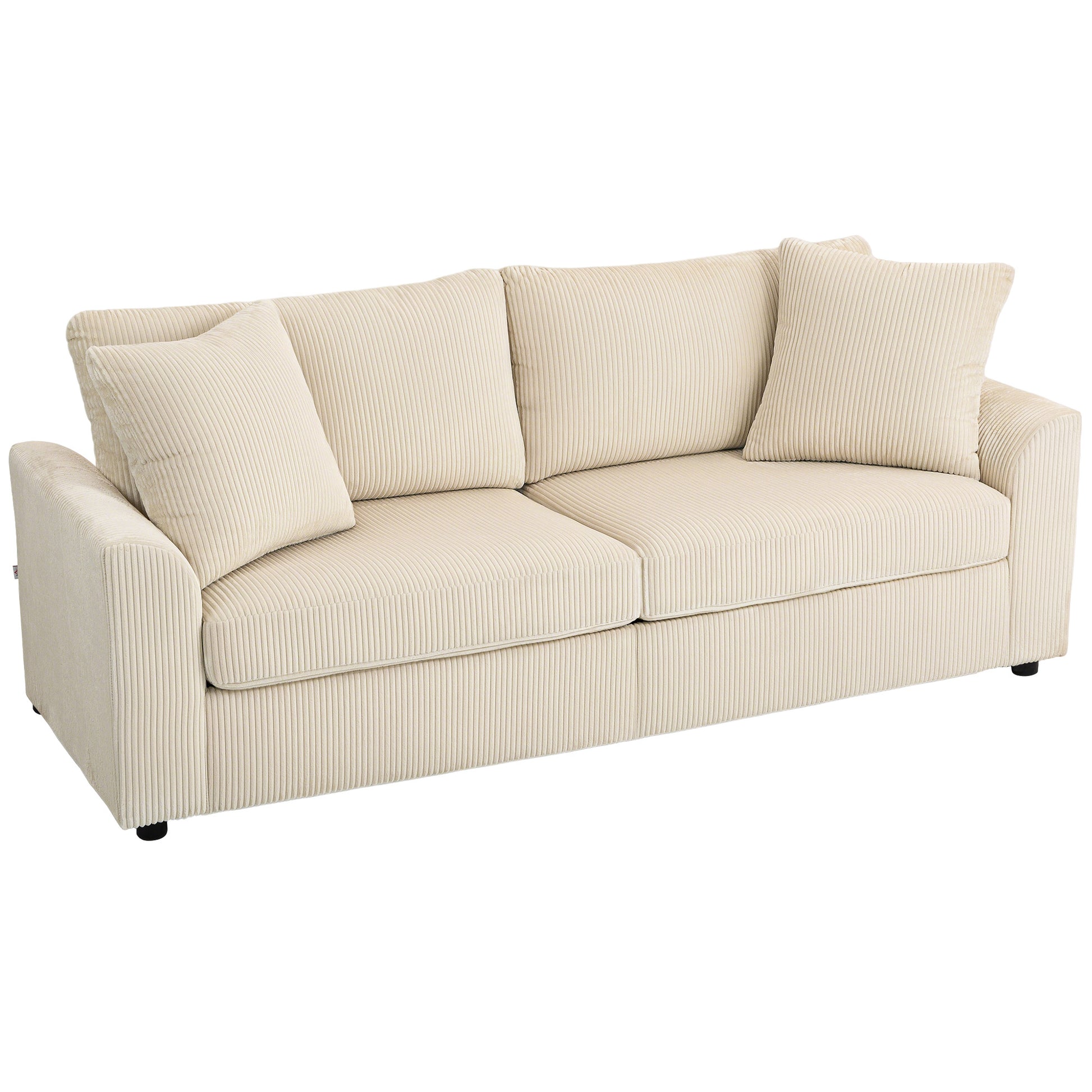 3-Seater Sofa, Couch with Armrests, Throw Pillows, Upholstered Sofa with Corduroy Cover, Thickly Padded, Lounge Sofa, Supports up to 450 kg, for Living Room, Bedroom, 212 x 80 x 88 cm, Cream White