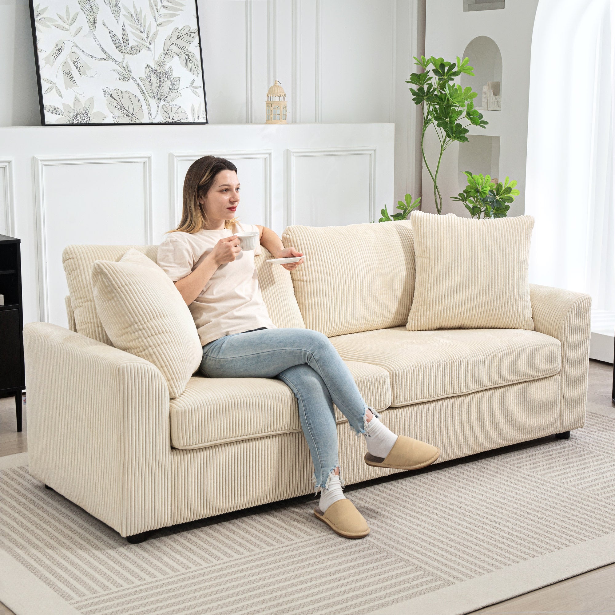 3-Seater Sofa, Couch with Armrests, Throw Pillows, Upholstered Sofa with Corduroy Cover, Thickly Padded, Lounge Sofa, Supports up to 450 kg, for Living Room, Bedroom, 212 x 80 x 88 cm, Cream White