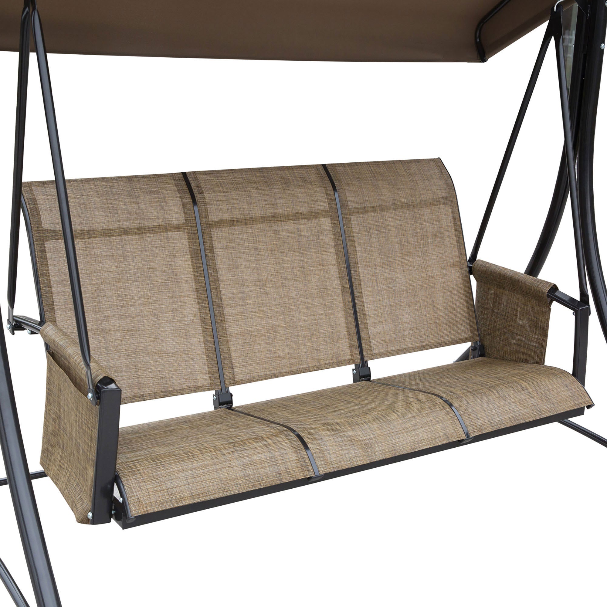 Porch Swing with Side Pocket, 3-Seater Garden Swing with Adjustable Sun Canopy, Swing Bench supports up to 300kg, for Garden, Patio, 196 x 128 x 172 cm, Brown