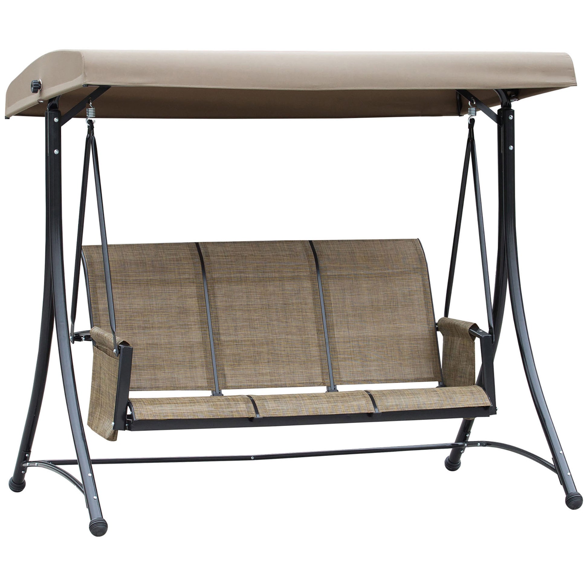 Porch Swing with Side Pocket, 3-Seater Garden Swing with Adjustable Sun Canopy, Swing Bench supports up to 300kg, for Garden, Patio, 196 x 128 x 172 cm, Brown