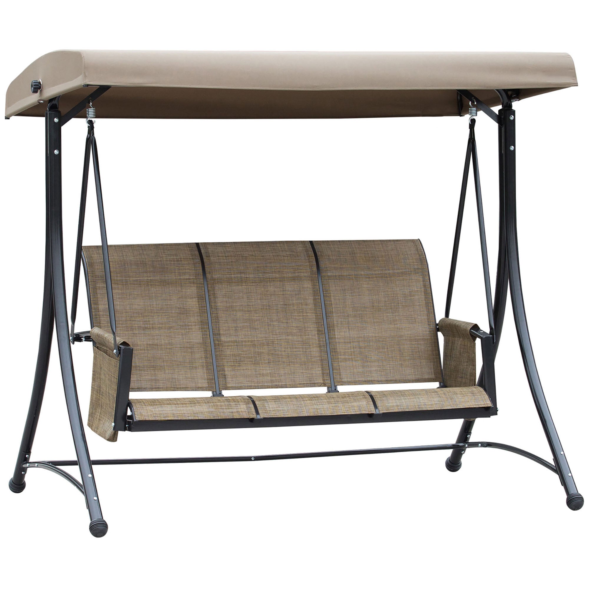 Porch Swing with Side Pocket, 3-Seater Garden Swing with Adjustable Sun Canopy, Swing Bench supports up to 300kg, for Garden, Patio, 196 x 128 x 172 cm, Brown