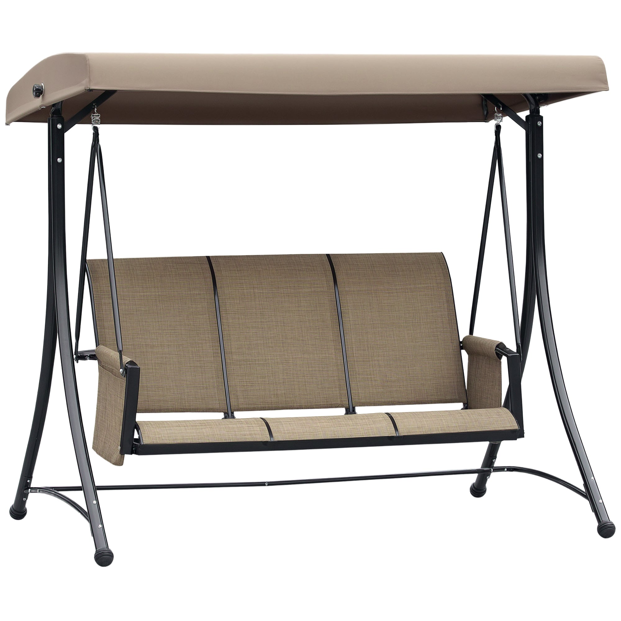Porch Swing with Side Pocket, 3-Seater Garden Swing with Adjustable Sun Canopy, Swing Bench supports up to 300kg, for Garden, Patio, 196 x 128 x 172 cm, Brown