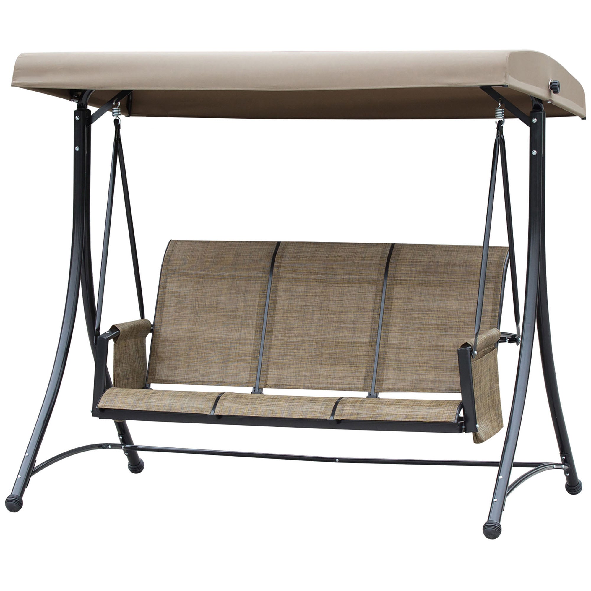 Porch Swing with Side Pocket, 3-Seater Garden Swing with Adjustable Sun Canopy, Swing Bench supports up to 300kg, for Garden, Patio, 196 x 128 x 172 cm, Brown
