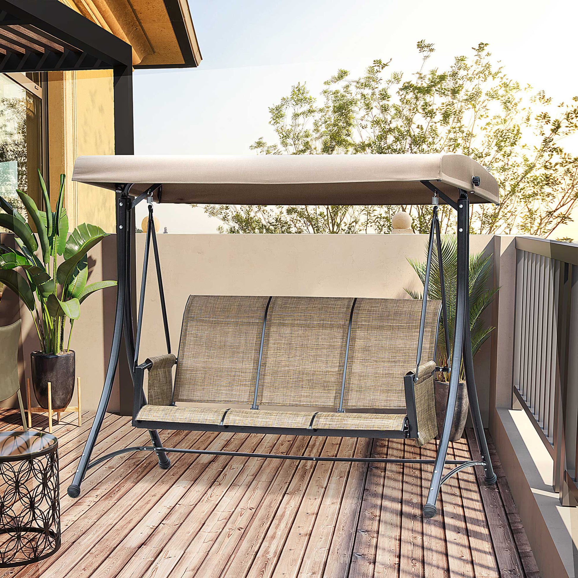 Porch Swing with Side Pocket, 3-Seater Garden Swing with Adjustable Sun Canopy, Swing Bench supports up to 300kg, for Garden, Patio, 196 x 128 x 172 cm, Brown