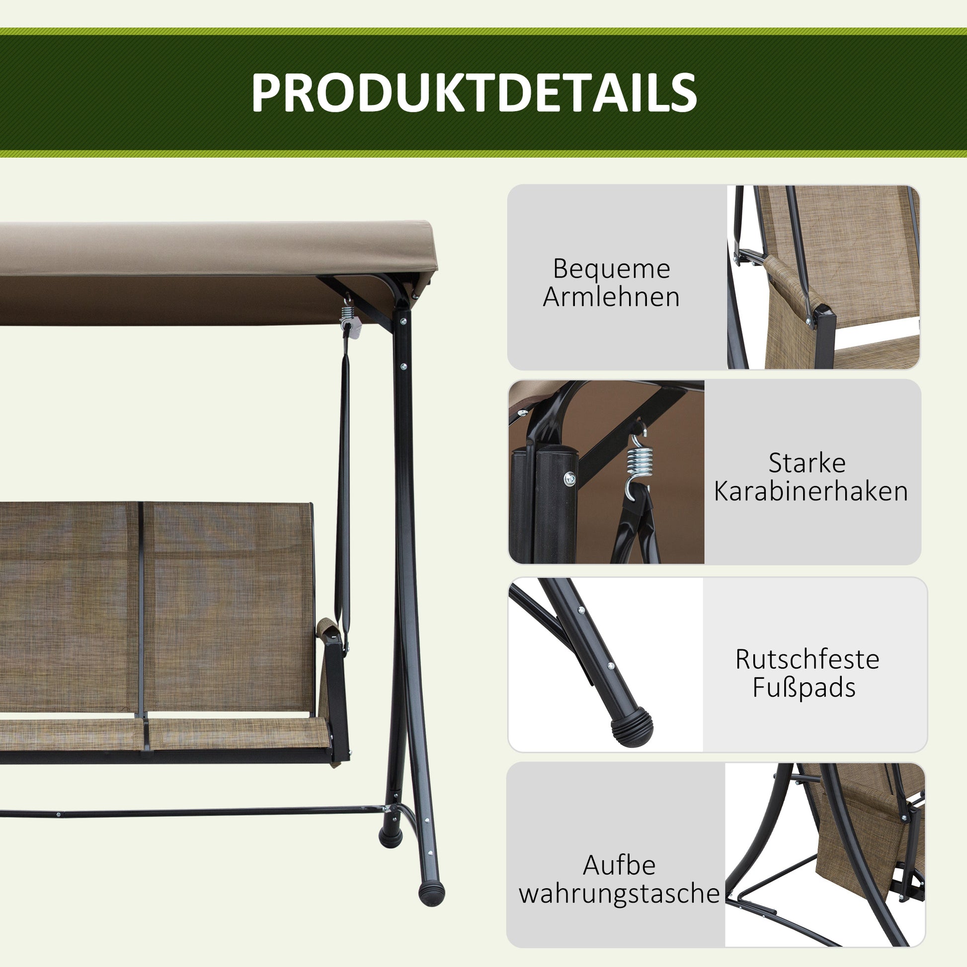 Porch Swing with Side Pocket, 3-Seater Garden Swing with Adjustable Sun Canopy, Swing Bench supports up to 300kg, for Garden, Patio, 196 x 128 x 172 cm, Brown