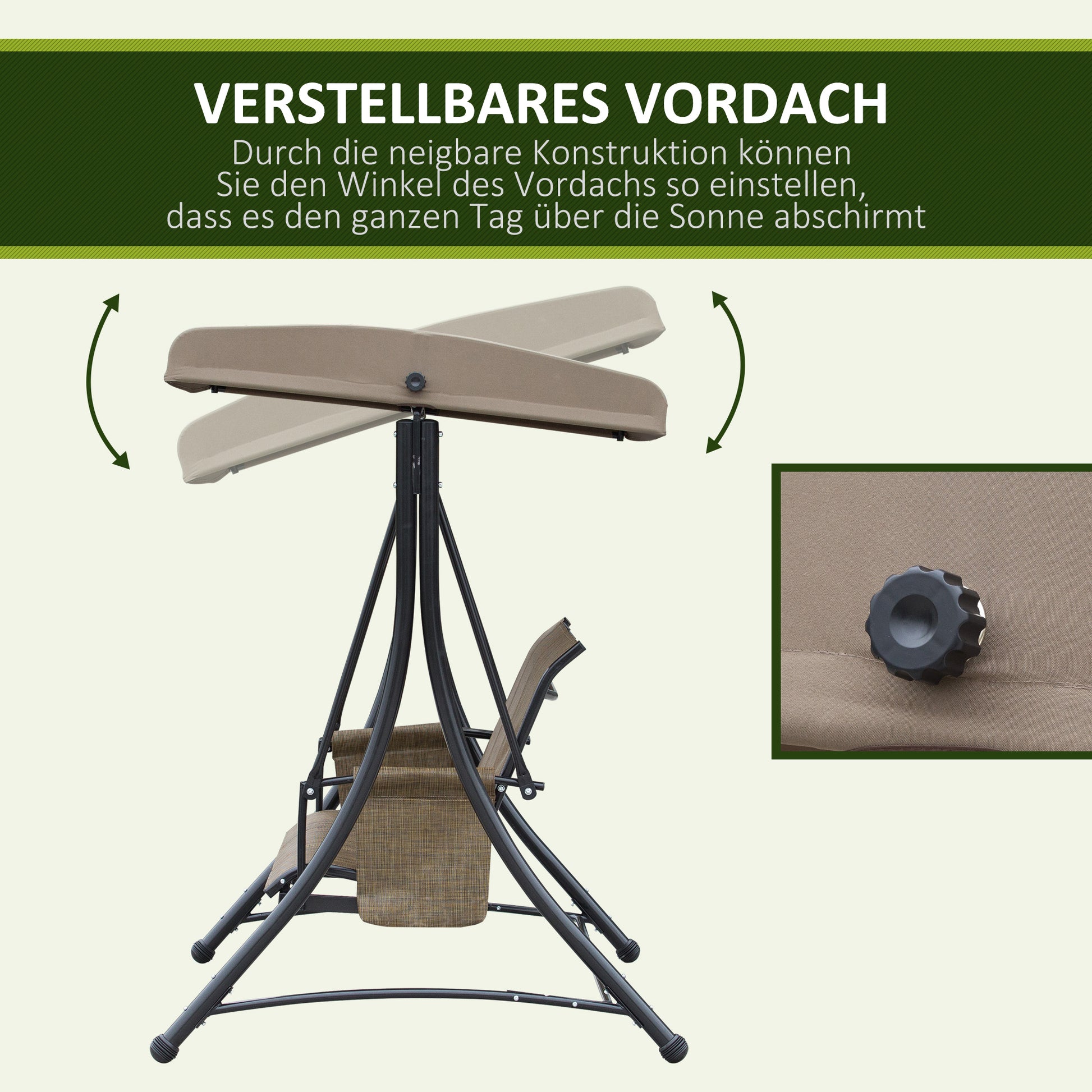Porch Swing with Side Pocket, 3-Seater Garden Swing with Adjustable Sun Canopy, Swing Bench supports up to 300kg, for Garden, Patio, 196 x 128 x 172 cm, Brown