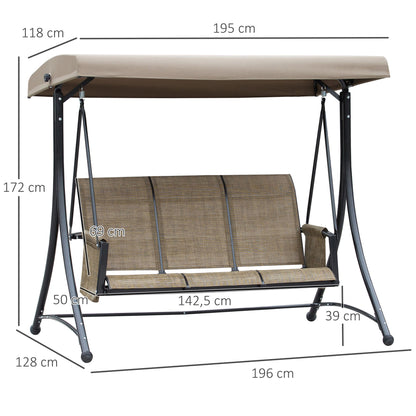 Porch Swing with Side Pocket, 3-Seater Garden Swing with Adjustable Sun Canopy, Swing Bench supports up to 300kg, for Garden, Patio, 196 x 128 x 172 cm, Brown