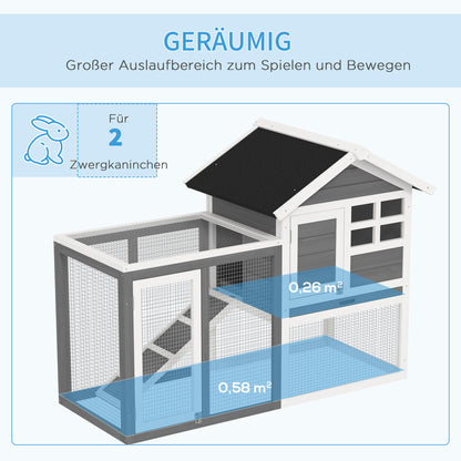 Rabbit Hutch Pine Wood Outdoor Indoor Small Animal House Cage Removable Bottom Tray and Ramp Gray+Black+White 122 x 62.6 x 92 cm