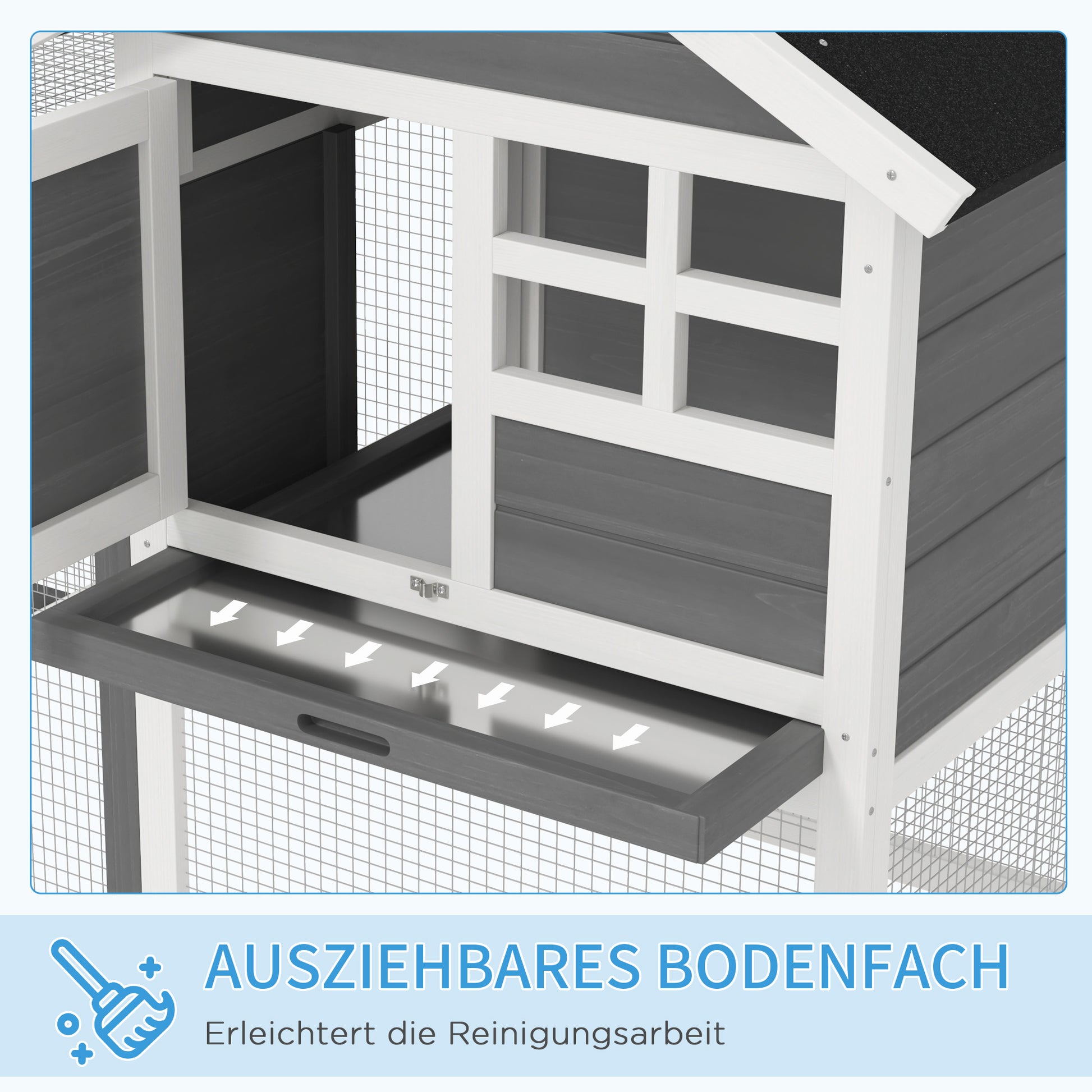 Rabbit Hutch Pine Wood Outdoor Indoor Small Animal House Cage Removable Bottom Tray and Ramp Gray+Black+White 122 x 62.6 x 92 cm